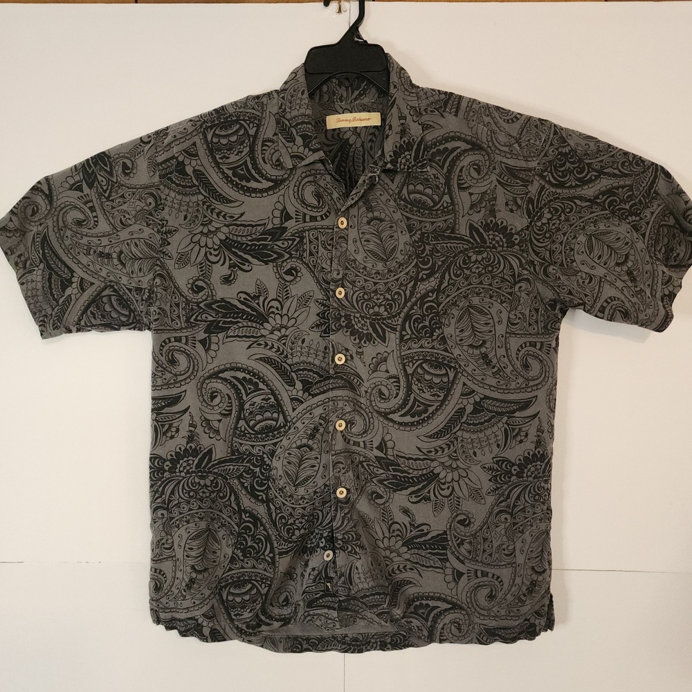 C71  Tommy Bahama Mens Silk Short Sleeve Button Down‎ Grey Paisley Print Size L